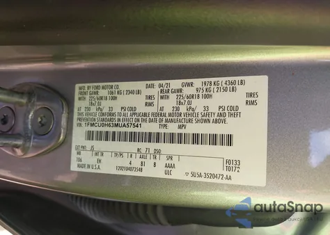 2021 Ford Escape Sel z USA, uszkodzony, nr VIN 1FMCU0H63MUA57541